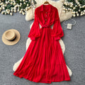 Light mature style lapel lantern sleeve red a-line dress women's springelegance waist slimming lookpleated long skirt