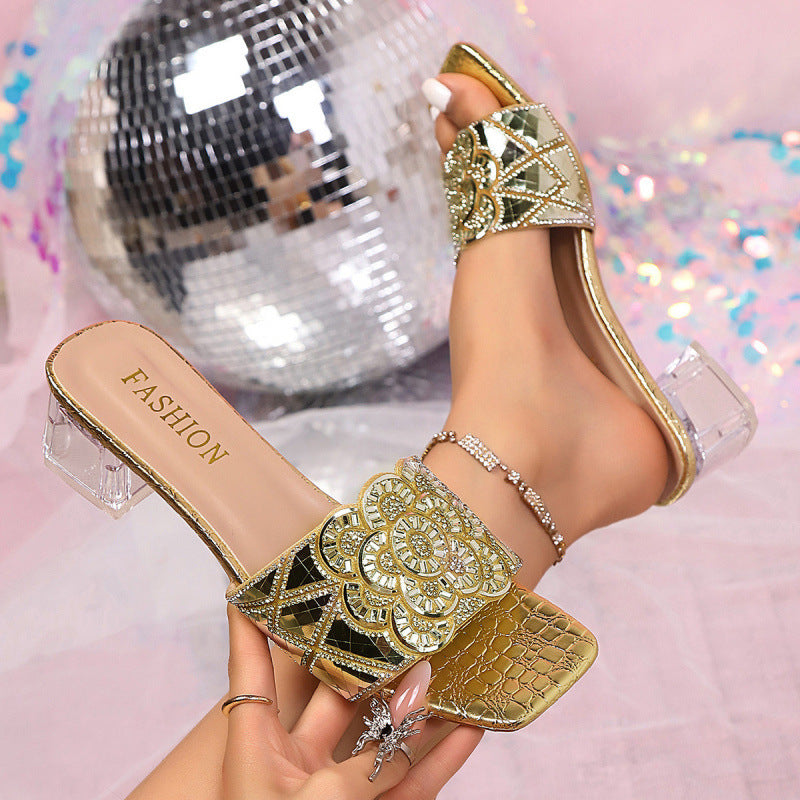 2026 summer new fashion rhinestone pearl bow square toe plus size mid-heel women's thong sandals