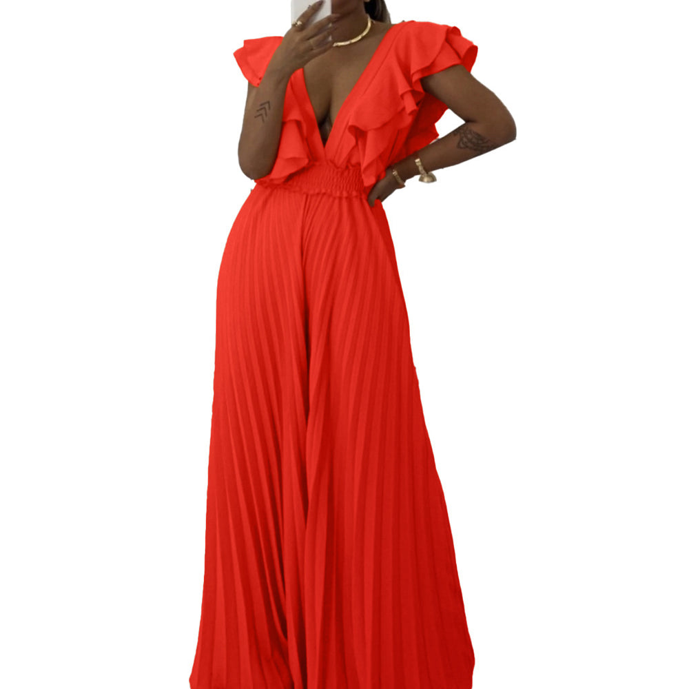 C8574 cross-border women's fashion  new deep v-neck high-waisted sexy ruffle pleated wide-leg jumpsuit (european & american style)