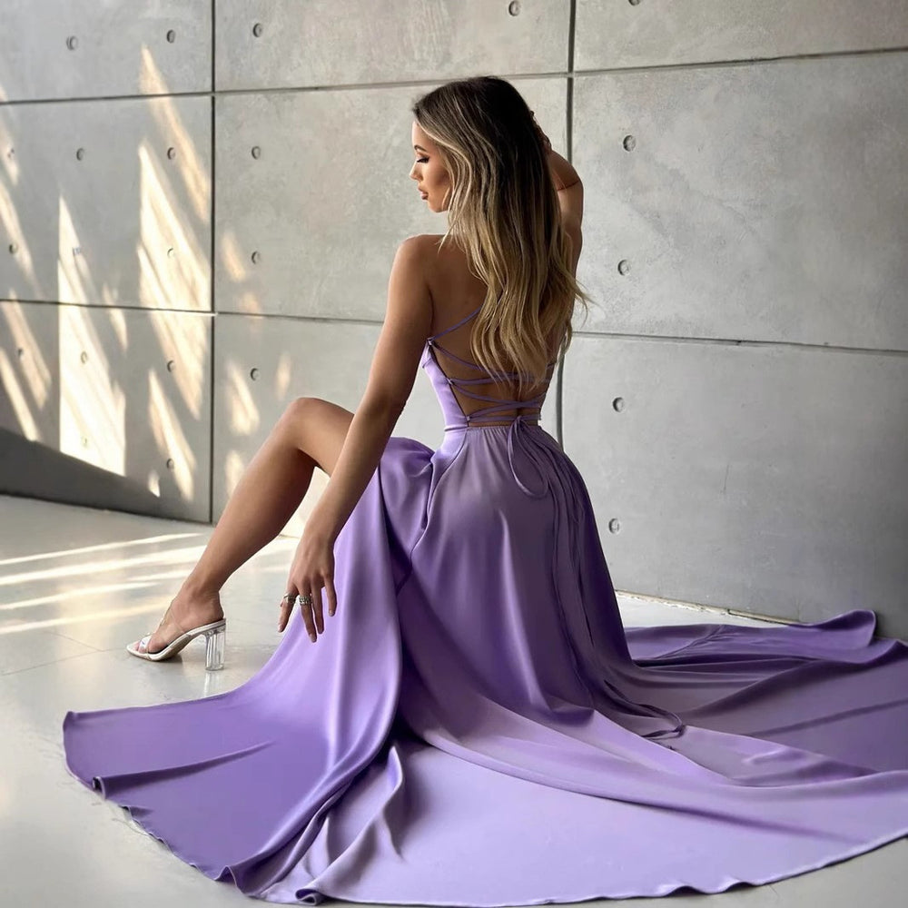 2025 spring collection: new european and american style women's spaghetti strap backless sexy slit evening party gown dress