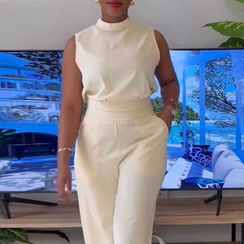 European and American  women's clothing 2025 summer new semi-turtleneck sleeveless top high waist wide leg trousers casual suit