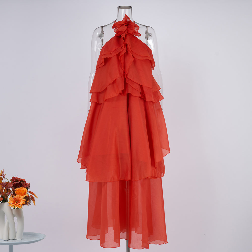 Export cross-border stereo flower decoration large backless halterneck dress holiday style rufflesclassy sense elegance long skirt