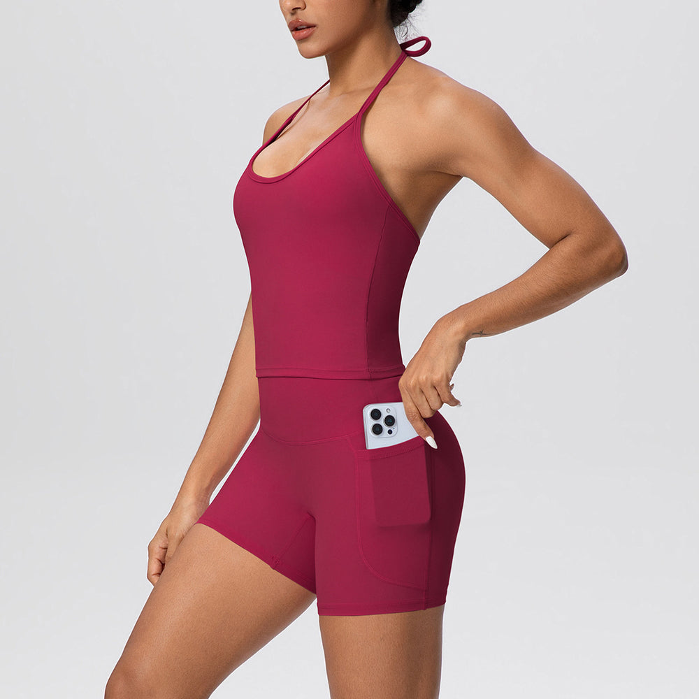 pure color brushed beautiful back tight strap halterflap pocket pants yoga suit sports running shortstwo-piece set