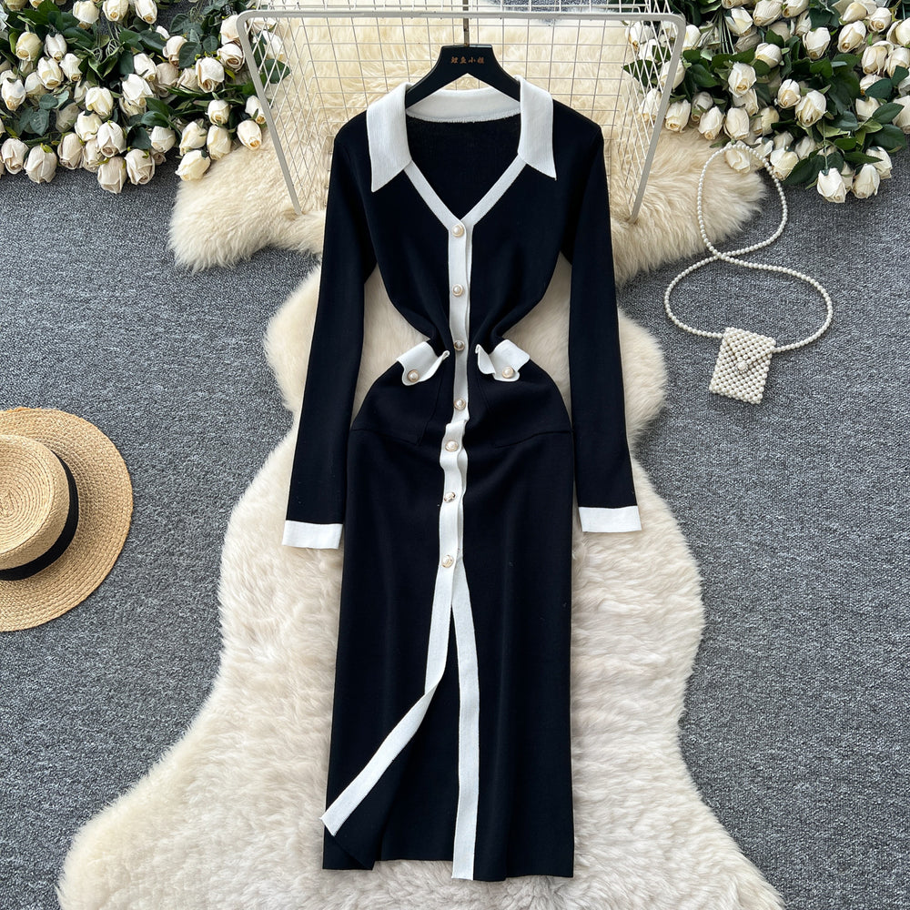 French chic color block v-neck single-breasted knit dress - slim fit bodycon maxi dress
