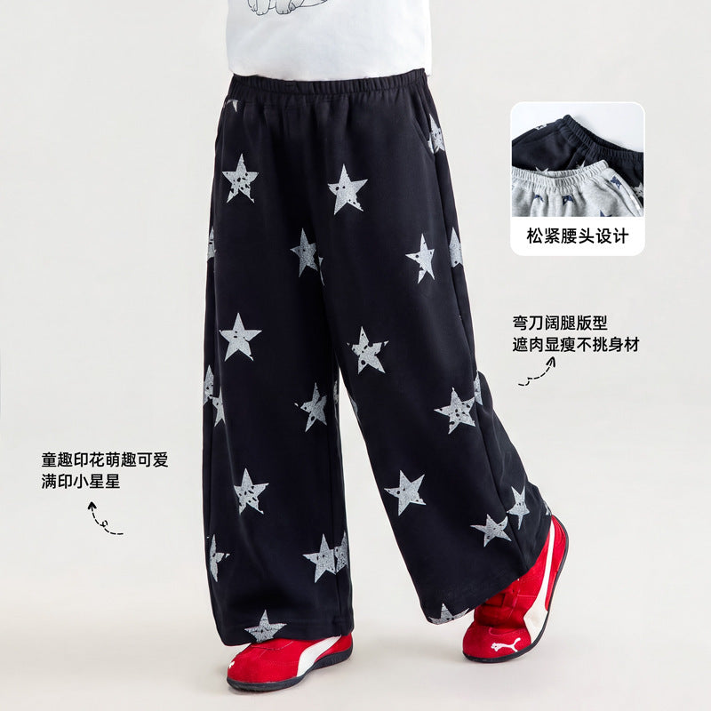 American retro star print letter print sweatpants - girls' loose fit casual wide leg street dance versatile lounge pants