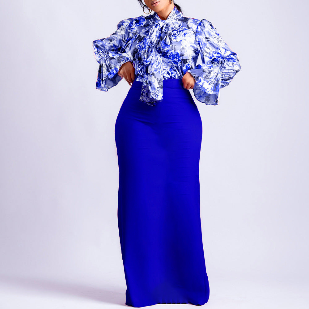 D323 european and american clothing  new fashion printed tie-up long sleeve shirt and midi skirt two-piece set - cross-border