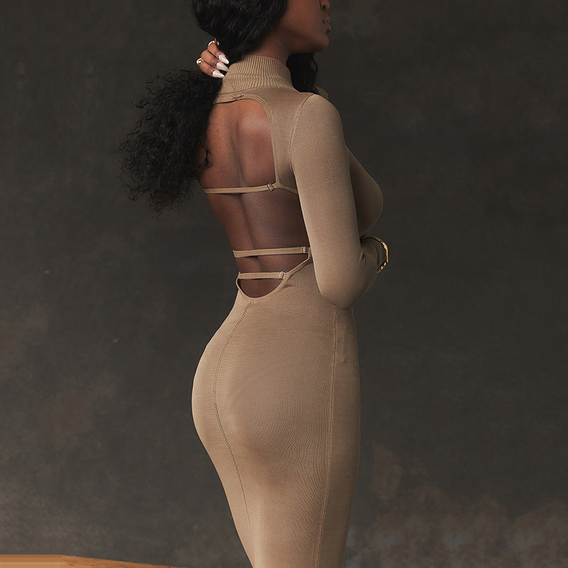 European and American   knitted women's clothing semi-turtleneck dress fashionable and sexy Spice girl temperament tight backless dress