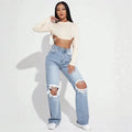Fashion cross-border hot girl style big hole wide leg jeans women's light blue washed loosestraight-legmoppants