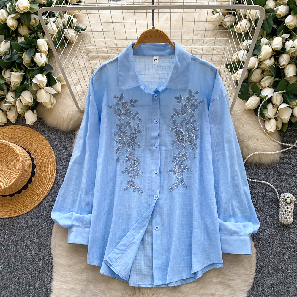 French-style heavy embroidery & rhinestone embellished versatile shirt - women's spring/summer long sleeve loose fit cardigan - commute-friendly all-match top