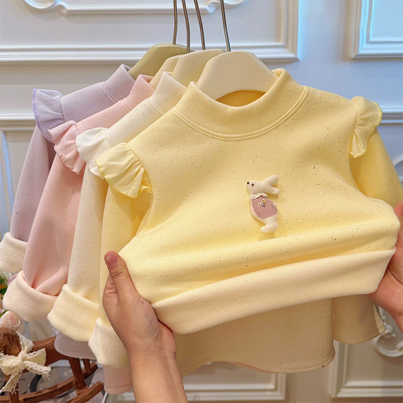New autumn/winter korean style girls' fleece-lined thickened sweatshirt base layer long sleeve baby girl trendy kids' cotton clothing