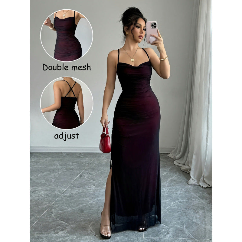 women's mesh panel crisscross backless maxi dress for export