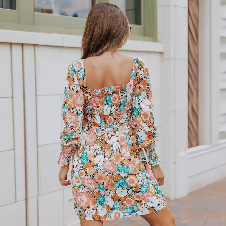 European and american cross-border chic women's clothing:  autumn new collection - square neck, long sleeve, printed, waist-cinching, slim-fit midi dress