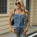 Fashion cross-border women's clothing new arrival  independent station washed one-row button off-shoulder raw edge denim sexy tube top trendy