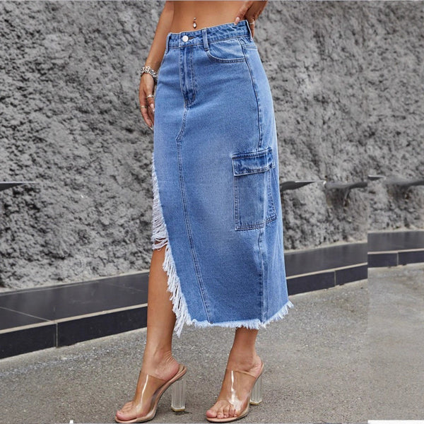 TC70041 Cross-border  Xiyin women's beard skirt worn versatile slim mid-waist denim skirt
