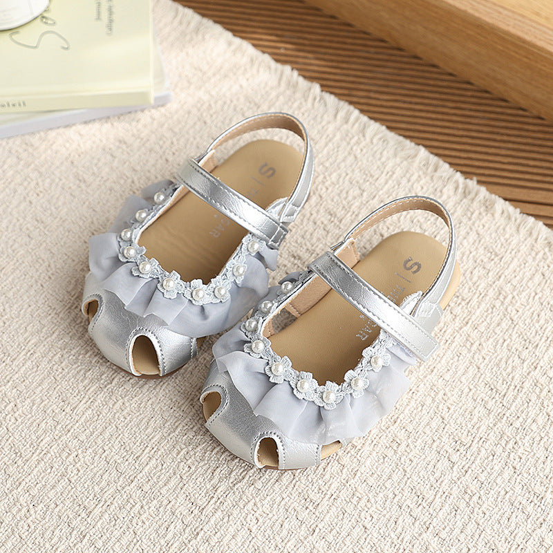Korean style girls' sandals - new summer collection, soft sole children's shoes, lace closed-toe sandals, baby girl pearl princess shoes