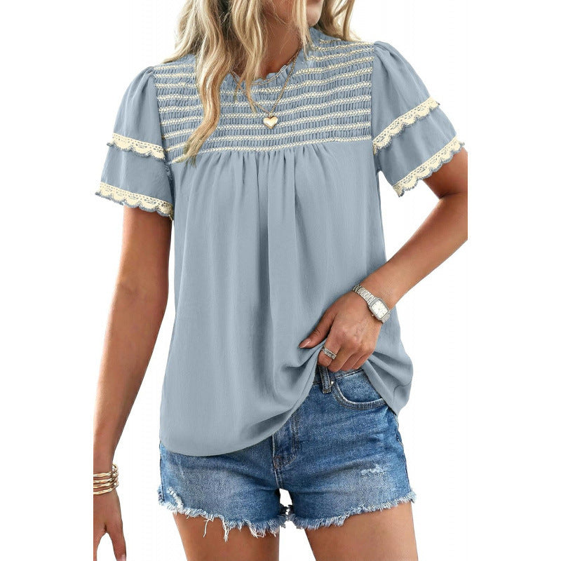 Amazon round neck ruffle short sleeve shirt women's  summer new casual bohemian style top