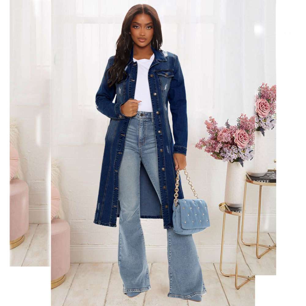 fashion style denim outwear women's  hot-selling new dark washed and worn retro silm long windbreaker