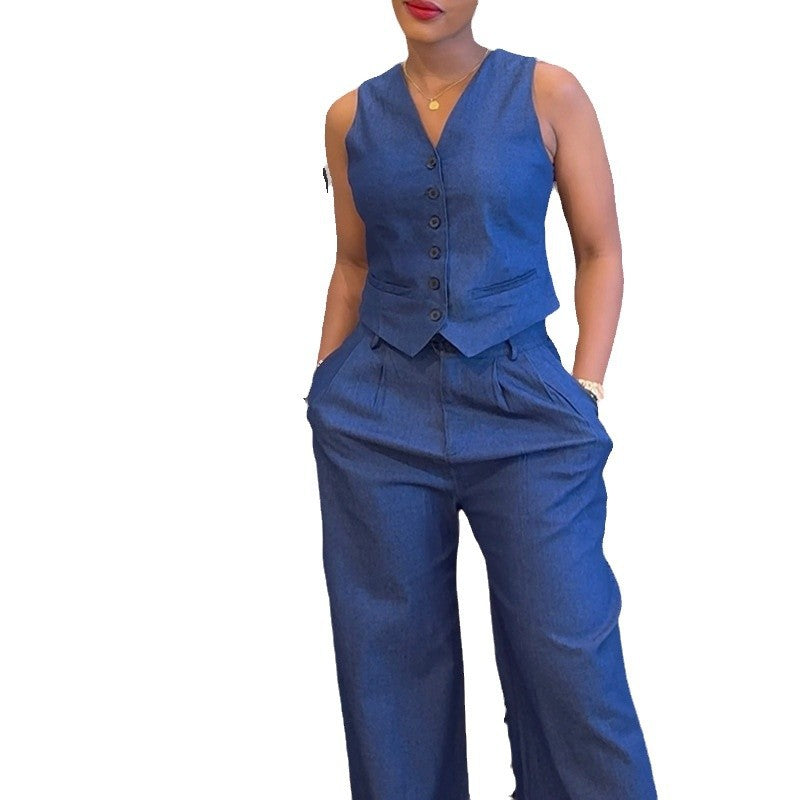 European and american export cross-border women's fashion  spring new solid color v-neck vest top and high-waisted pants casual set