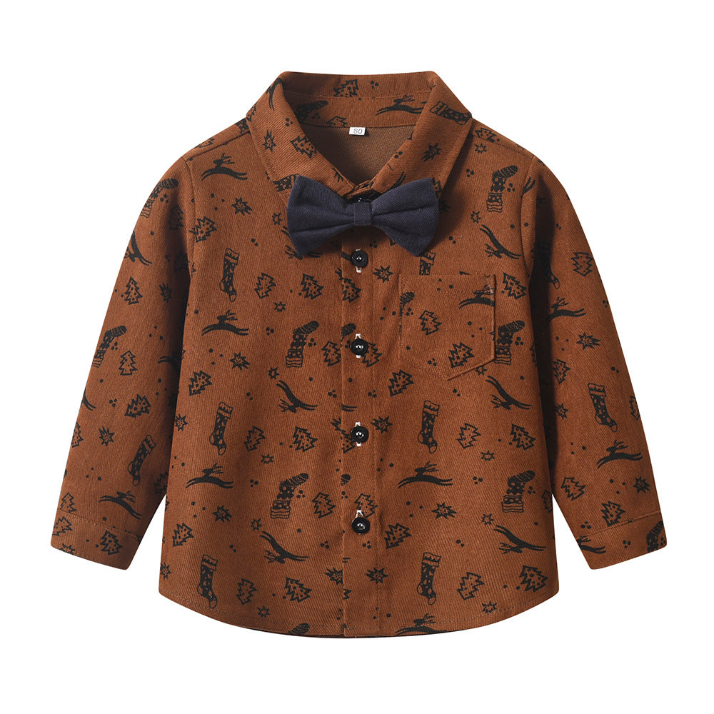 New autumn children's shirt printed christmas long sleeve bow tie mid-to-large child gentleman's formal wear set kids' clothing