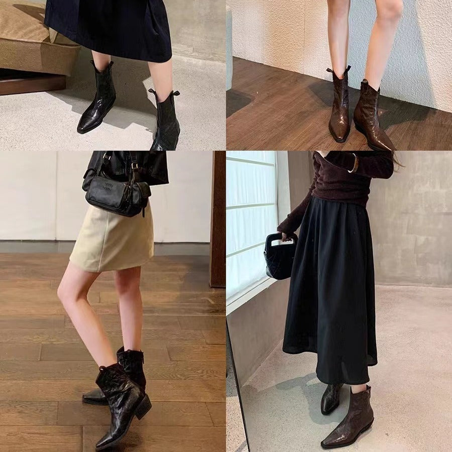 New arrivalfall and winterfashionable pointed toe v-mouth fashionretro denim slim boots thick heel wrinkled western short boots accessible luxury