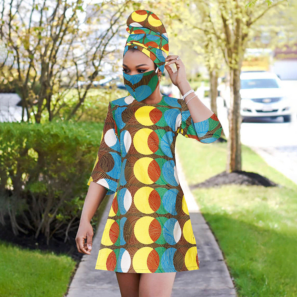 African women's fashion: european and american cross-border e-commerce,   new collection - wax print dress with matching headscarf and face mask