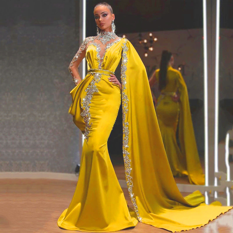new foreign trade european and american women's clothing   evening gown yellow gold sprinkle sequin long dress