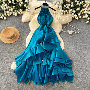 French halter deep v neck dress women's blue backless waist slimming look cake skirt holiday style elegant dress skirt