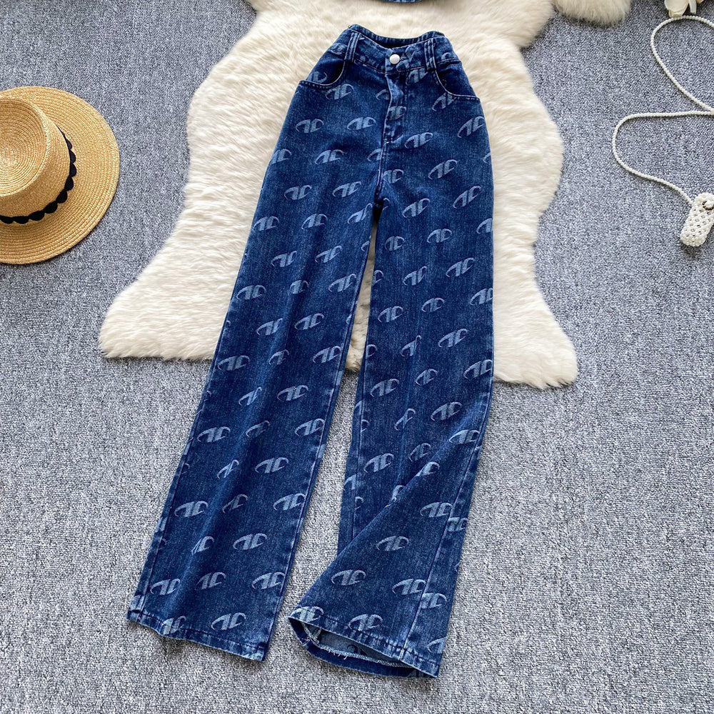 European and american hot girl style metal buckle printed bandeau top + high-waisted slimming long pants denim set - women's summer