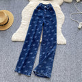 European and american hot girl style metal buckle printed bandeau top + high-waisted slimming long pants denim set - women's summer