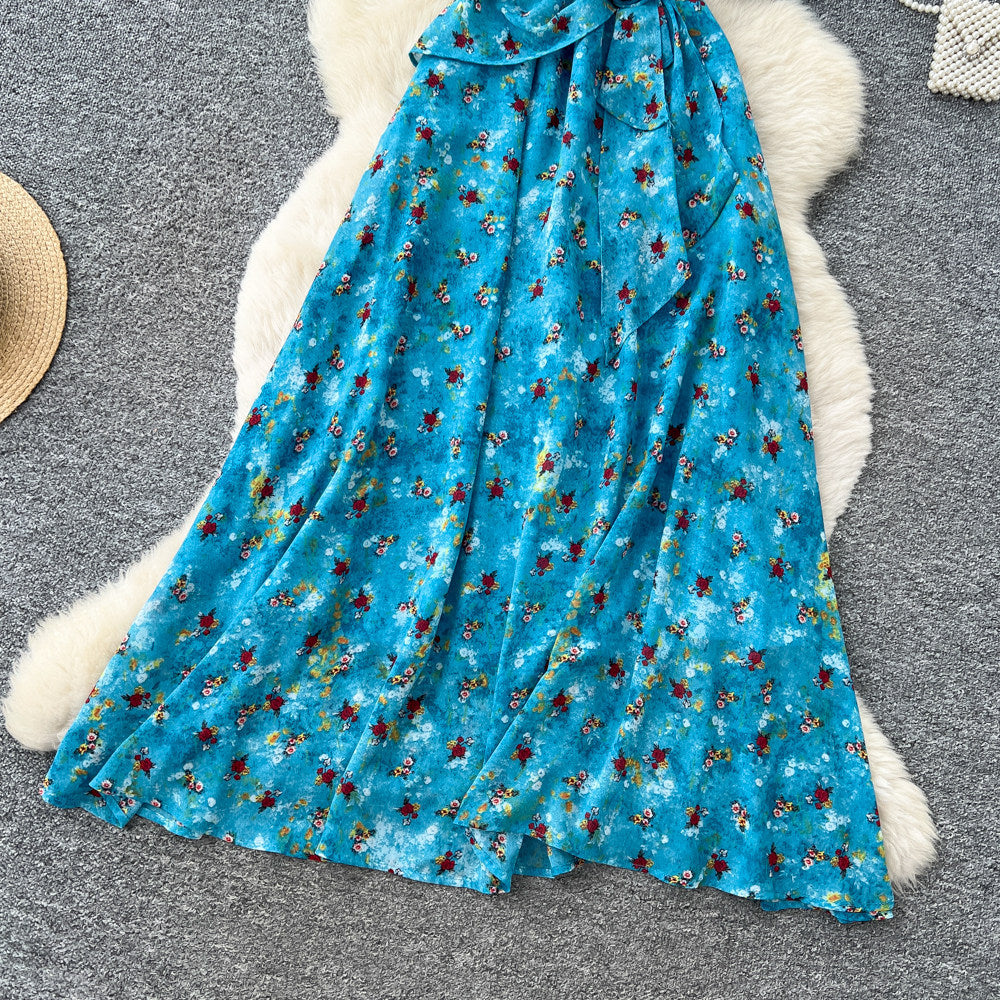 French country style blue floral short-sleeve dress - women's summer v-neck korean style fitted waist elegant maxi dress