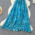 French country style blue floral short-sleeve dress - women's summer v-neck korean style fitted waist elegant maxi dress