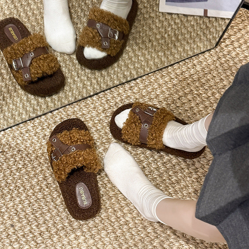 Teddy curl thick sole furry slippers outwear new arrivalfall and winter belt buckle home stuffed cotton slippers women's loafers
