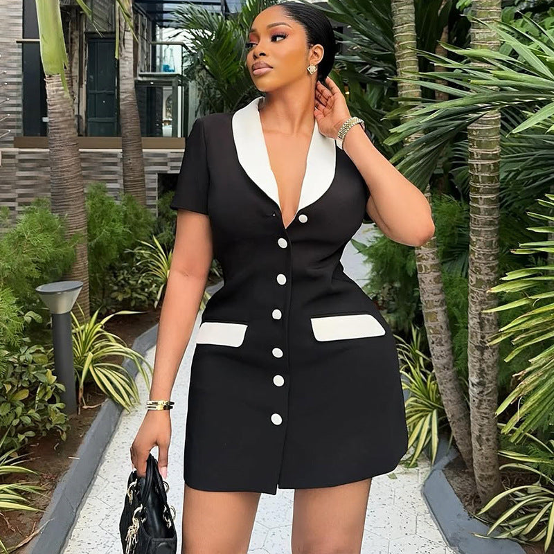 European and american style foreign trade fashionable elegant women's black and white color block slimming suit dress slim fit cardigan button short dress