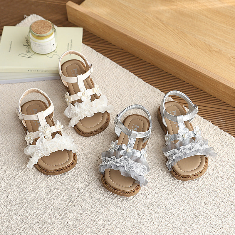 Summer  new girls' fashion floral princess thong sandals - kids' soft sole beach shoes with a fairy-tale touch