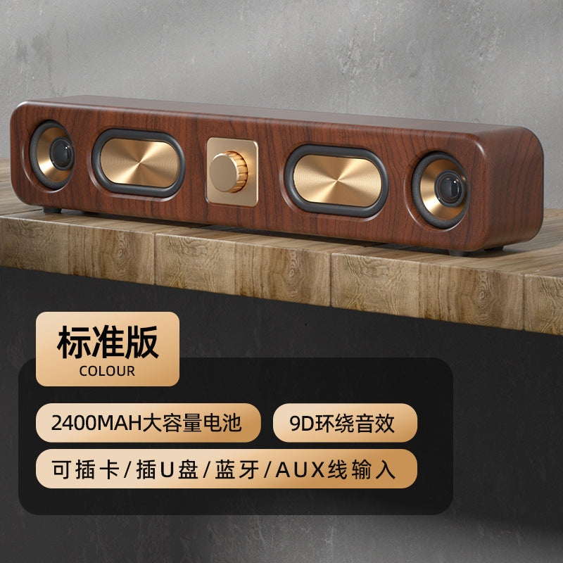 Retro wireless bluetooth speaker - big bass, low-profile wood finish, card-playing desktop audio system with radio function (e3404)