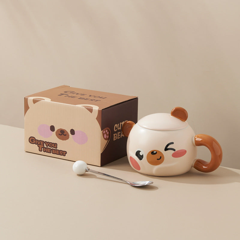 Cute cartoon bear mug with lid - ceramic cup, perfect birthday gift for her, high-value and meaningful souvenir
