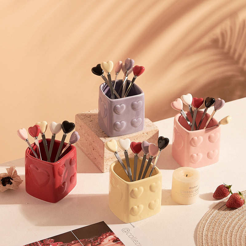 Heart-shaped ceramic fruit fork set - exquisite afternoon tea, hotel & restaurant decor, high-value fruit picks with storage jar - wholesale