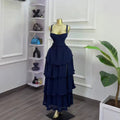 European and american cross-border women's fashion:  summer new arrival - elegant high-waisted blue slit cami dress with ruffle trim