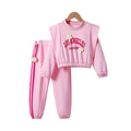 Girls' spring outfit: pink pullover sweatshirt with floral embroidery and letter print, casual sweatpants two-piece set