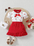 newborn baby cute cherry print top + ruffle trim a-line skirt two-piece set