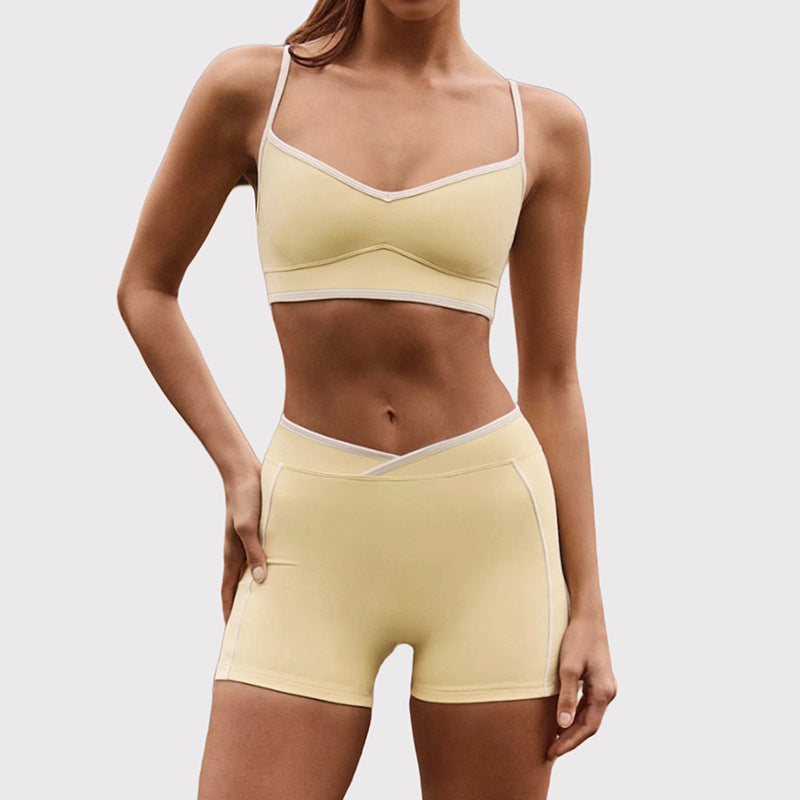 High-waisted, figure-hugging, color-blocked, cross-border camisole, shockproof, push-up, high-waisted, butt-lifting running and fitness shorts yoga set for women