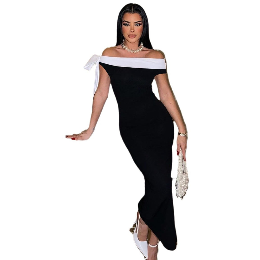 European and american style cross-border women's autumn/winter new fashion elegant one-shoulder ribbon sleeveless bodycon mini dress
