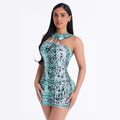 New arrivalexportfashionhalter animal print metal buckle silmsexy hip-covering backlessdress leopard print