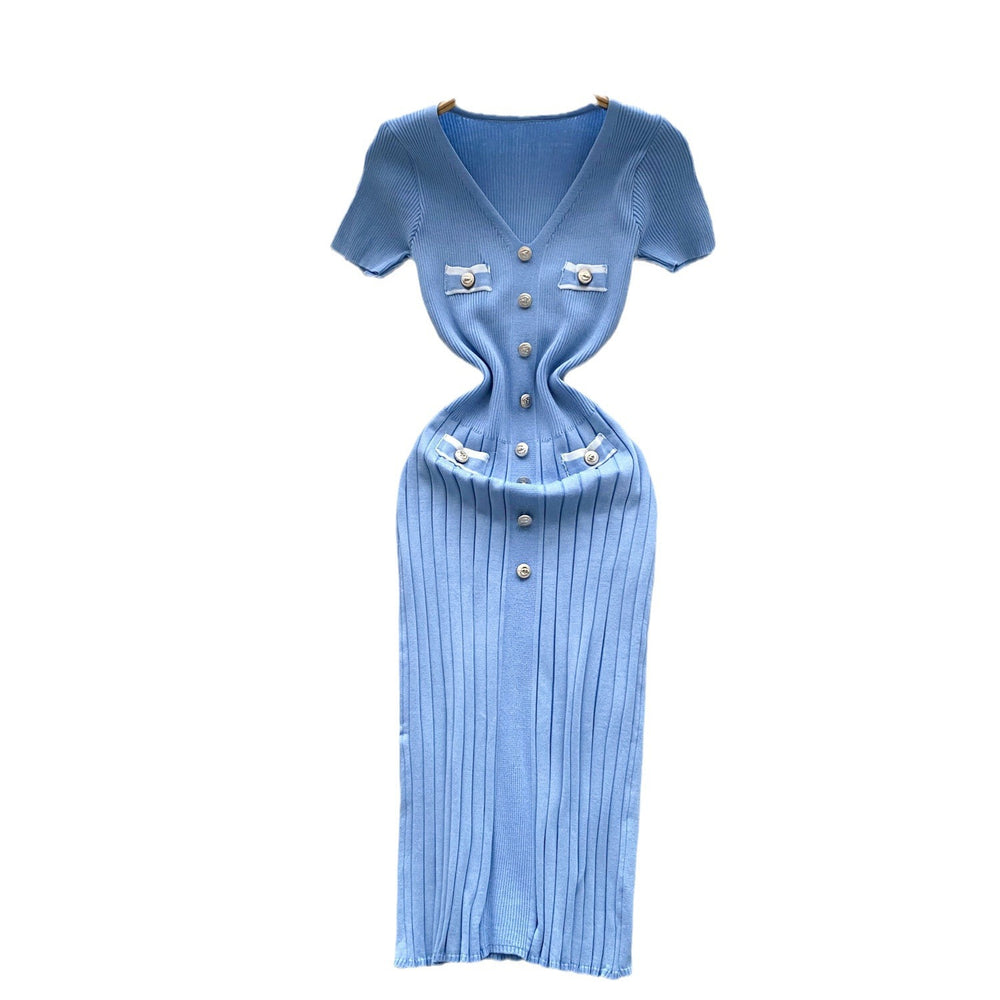 Short-sleeved knittingdress female small fragrant style retrofrenchv neck color matching metal buckle silmslimming look bottom long skirt