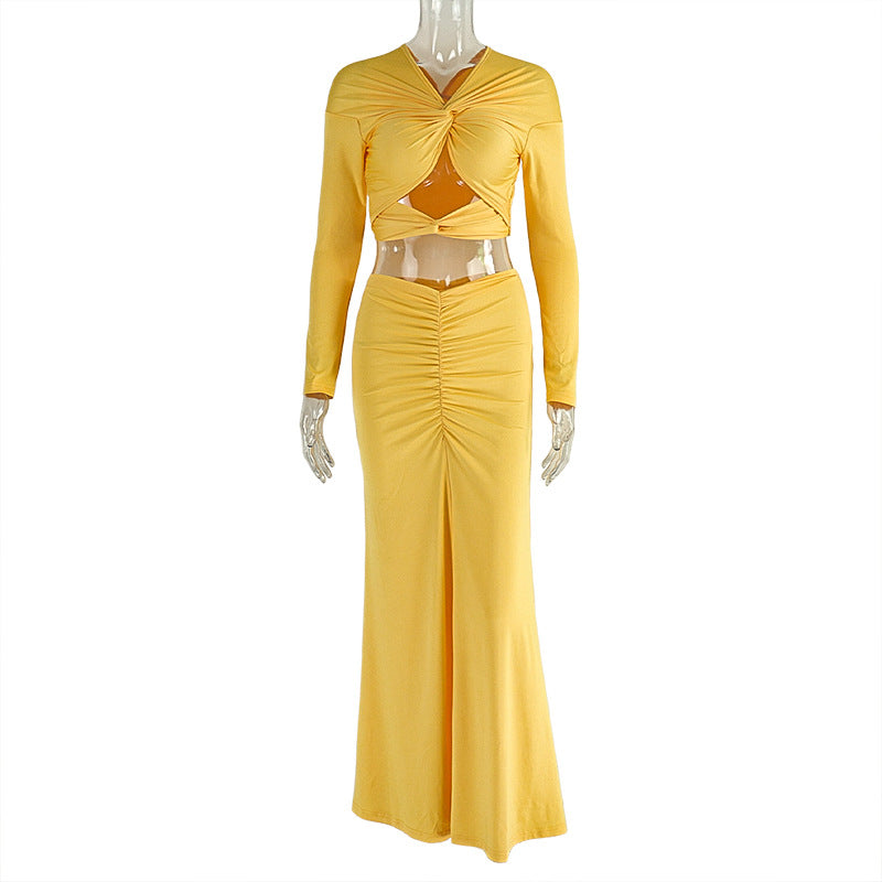 Fashion style insexport hip-covering elegant pleated stylish skirt suitcut outcrop toppure colorv necktwo-piece set women's clothing