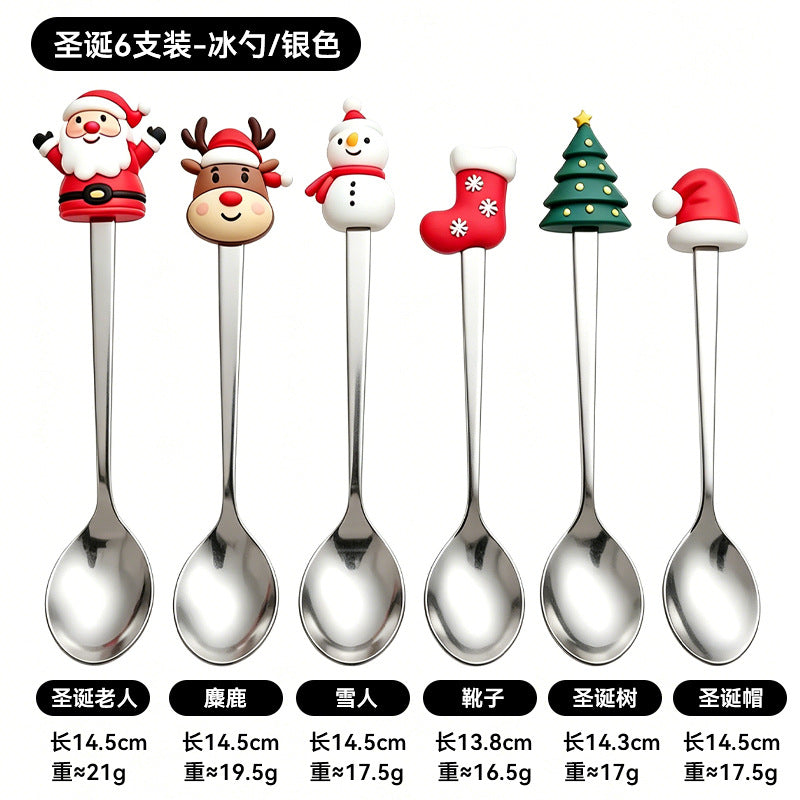 christmas cartoon cutlery gift box stainless steel silicone head spoon fork coffee spoon fruit fork cross-border set wholesale