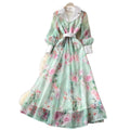French romantic v-neck lantern sleeve printed dress - women's slim-fit, waist-defining, a-line maxi dress