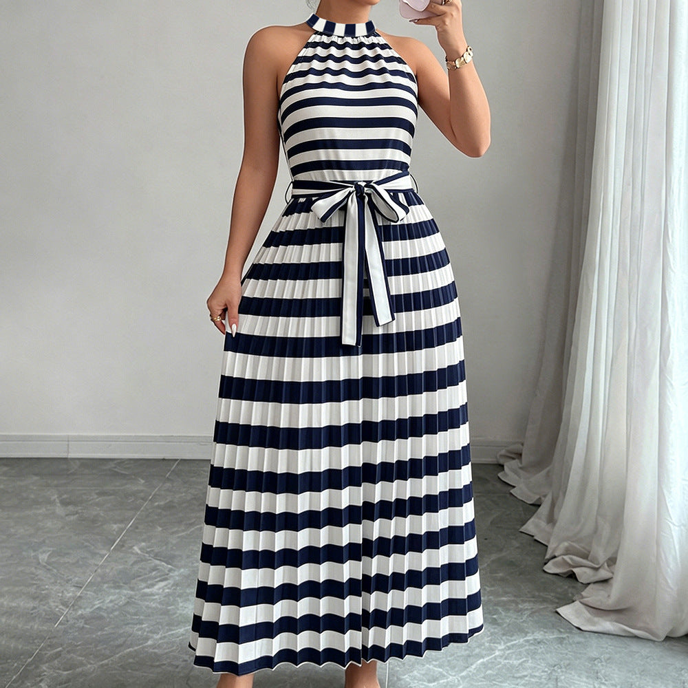 European and american cross-border women's summer  elegant halter neck tie waist floral print pleated maxi swing dress