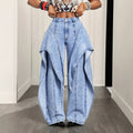 Fashionjeans women's light blue snowflake washed fake two-piece ribbon wide-leg pants american hot girl high waist deconstructed style