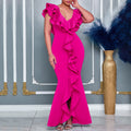 C8634 european and american cross-border fashion women's  summer dress - solid color v-neck ruffle hem slit mermaid maxi dress